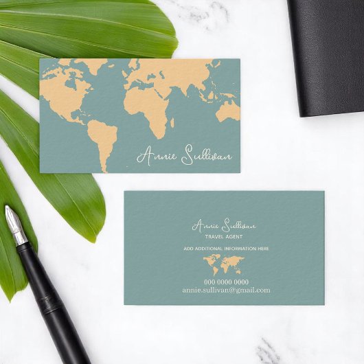 Cream World Map Oversified on Blue Visitenkarte