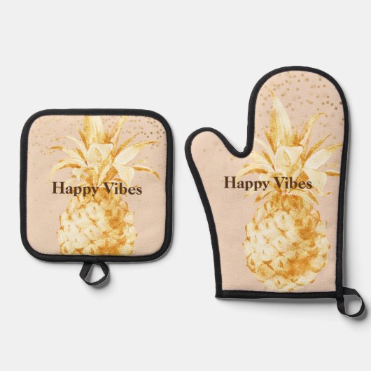 Cream Yellow Gold Ananas Ofenhandschuh & Topflappen-Set (Vorderseite)