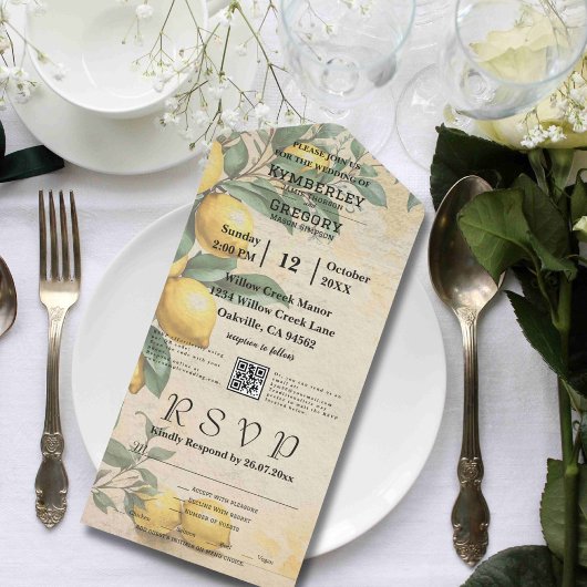 Cream Yellow Lemon Green Botanic QR Code All In One Einladung