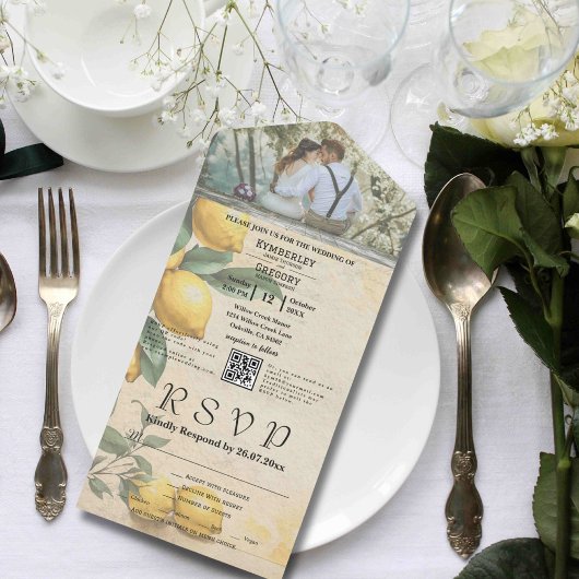 Cream Yellow Lemon Green Botanic QR Code All In One Einladung