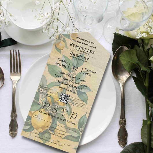 Cream Yellow Lemon Orchard Botanischer QR Code All In One Einladung