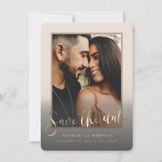 Creamy Beige Gold Script & Marble Foto Overlay Save The Date (Vorderseite)
