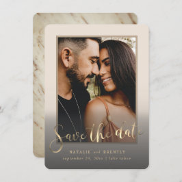 Creamy Beige Gold Script & Marble Foto Overlay Save The Date