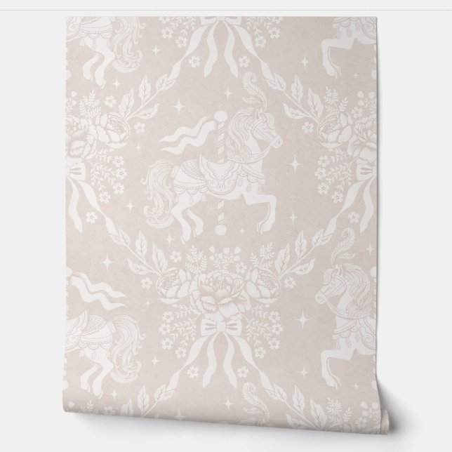 Creamy Beige Rococo Carousel Horses & Florals Tapete (Abrollen)