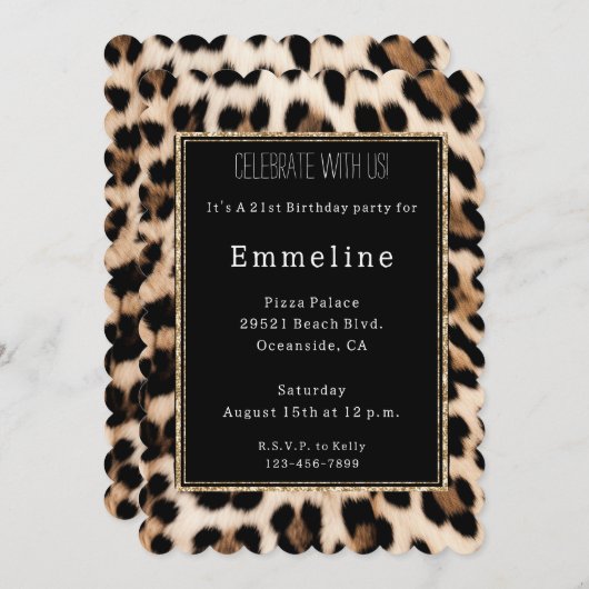 Creamy Brown Black Leopard Gold Glitzer Einladung (Vorne/Hinten)