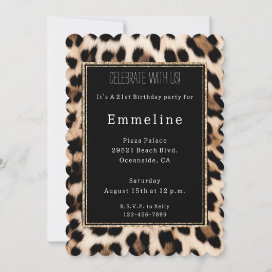 Creamy Brown Black Leopard Gold Glitzer Einladung (Vorderseite)