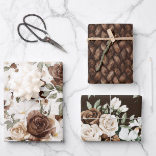 Creamy Brown Chocolate Floral Geburtstag Geschenkpapier Set