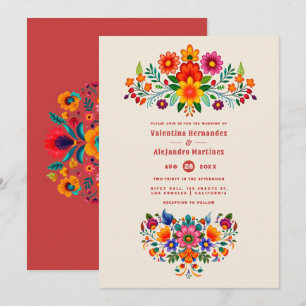 Creamy Linen und Fiesta Roter Folk Art Fiesta-Hoch Einladung