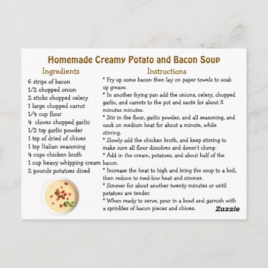 Creamy Potato and Bacon Homemade Soup Recipe Postkarte (Rückseite)