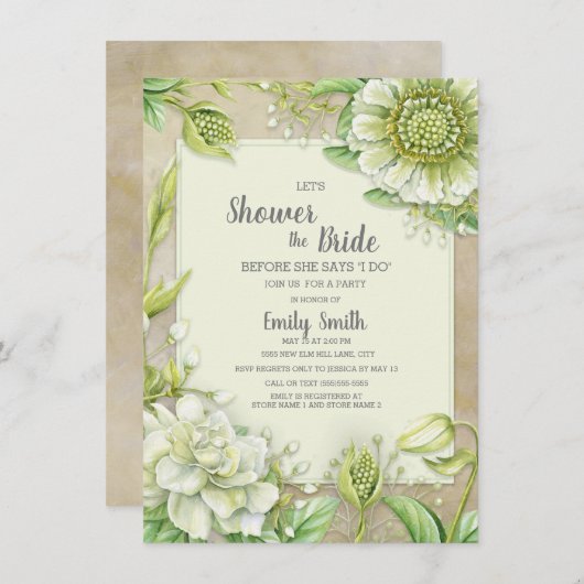 Creamy White Floral Greenery Rustikales Brautparty Einladung (Vorne/Hinten)