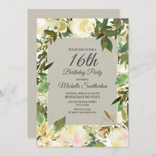 Creamy White Floral Sage Green 16. Geburtstag Einladung