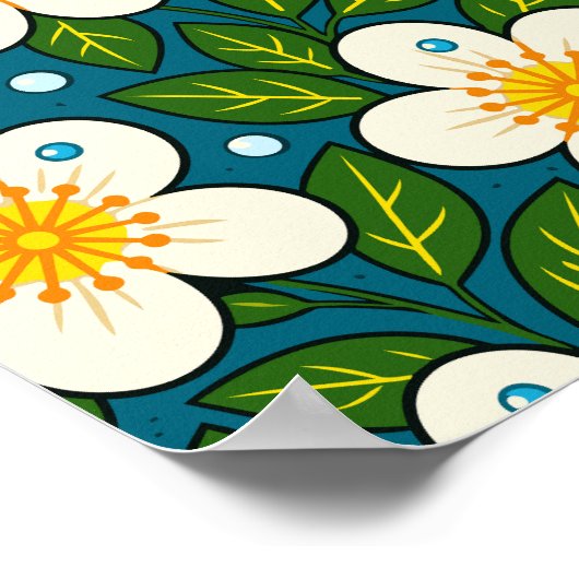 Creamy White Florals Pattern with Green Leaves Poster (Ecke)