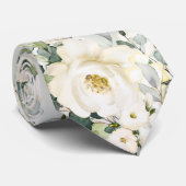 Creamy White Peony Wedding Sage Green Floral Krawatte (Gerollt)