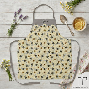Creamy Yellow & Gray Honeybee Pattern Garening Schürze