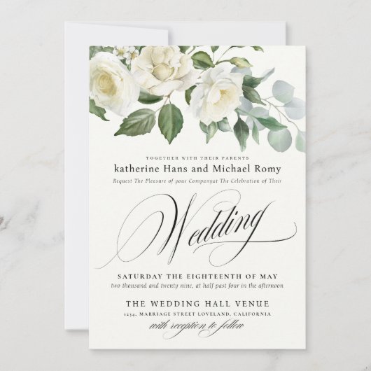 CreamyFloral Eucalyptus Script Calligraphy Wedding Einladung (Vorderseite)