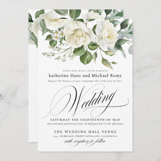 CreamyFloral Eucalyptus Script Calligraphy Wedding Einladung (Vorne/Hinten)