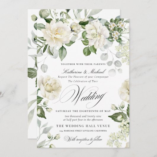 CreamyFloral Eucalyptus Script Calligraphy Wedding Einladung (Vorne/Hinten)