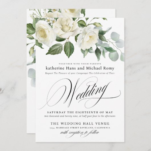 CreamyFloral Eucalyptus Script Calligraphy Wedding Einladung (Vorne/Hinten)