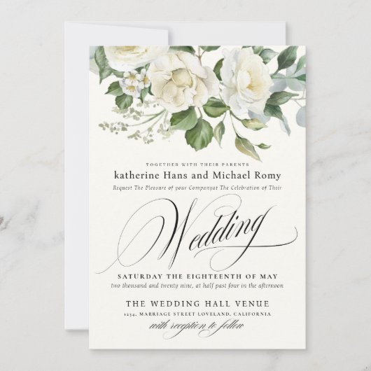CreamyFloral Eucalyptus Script Calligraphy Wedding Einladung (Vorderseite)