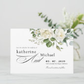 CreamyFloral Eucalyptus Script Calligraphy Wedding Save The Date (Stehend Vorderseite)