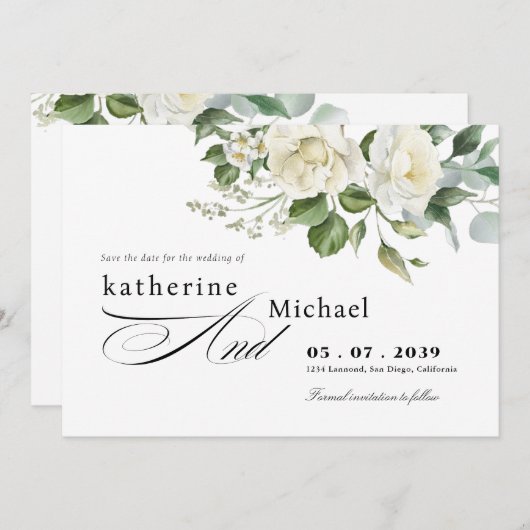 CreamyFloral Eucalyptus Script Calligraphy Wedding Save The Date (Vorne/Hinten)
