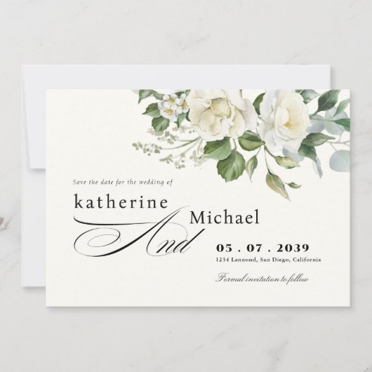 CreamyFloral Eukalyptus Schrift Kalligrafie Hochze Save The Date (Vorderseite)