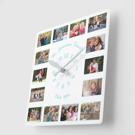 Create Custom White Teal Family Baby Photo Collage Quadratische Wanduhr (Winkel)