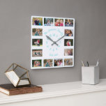 Create Custom White Teal Family Baby Photo Collage Quadratische Wanduhr<br><div class="desc">Create your own custom, personalized, teal and white, elegant typography font script, family 14 photo collage keepsake square wall clock. To customize, simply type in your family name & year, and add fourteen of your favorite family / kids / baby / pets / couple / wedding photos. While you add...</div>