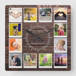 Create You own Photo Collage Rustic Wood Farmhouse Quadratische Wanduhr
