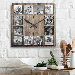 Create Your Custom Photo Collage Rustic Farmhouse Quadratische Wanduhr
