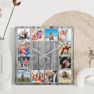 Create Your Custom Photo Collage Rustic Farmhouse Quadratische Wanduhr