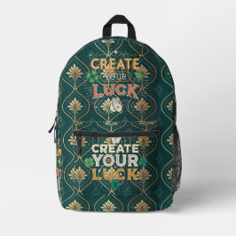 Create Your Luck – Elegant Green & Gold Motivation Bedruckter Rucksack