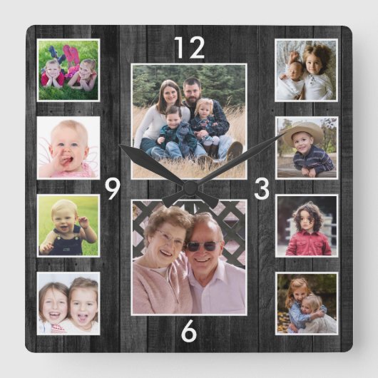 Create Your Own 10 Photo Collage Black Wood Quadratische Wanduhr (Vorderseite)