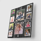 Create Your Own 10 Photo Collage Black Wood Quadratische Wanduhr (Winkel)