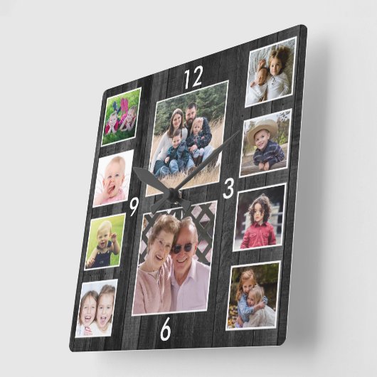 Create Your Own 10 Photo Collage Black Wood Quadratische Wanduhr (Winkel)
