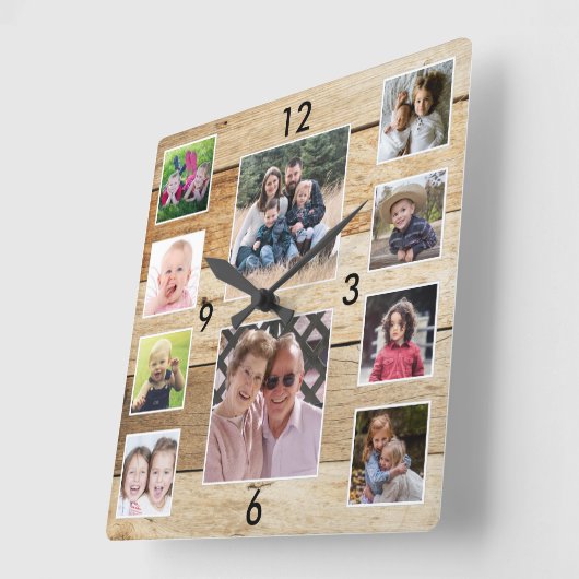 Create Your Own 10 Photo Collage Natural Wood Quadratische Wanduhr (Winkel)