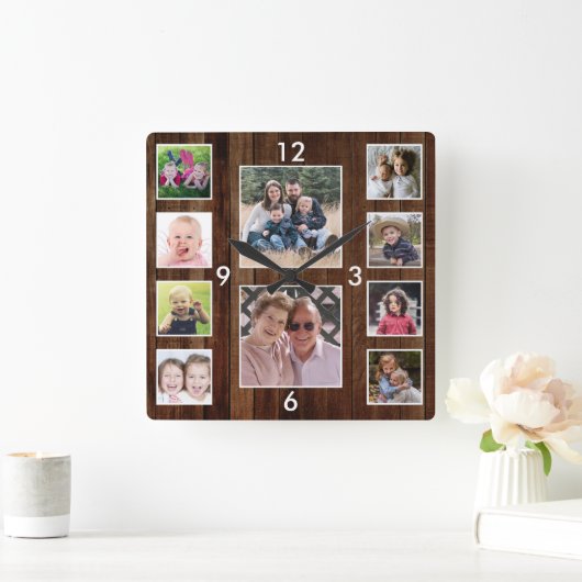 Create Your Own 10 Photo Collage Pallet Wood Quadratische Wanduhr (Zuhause)