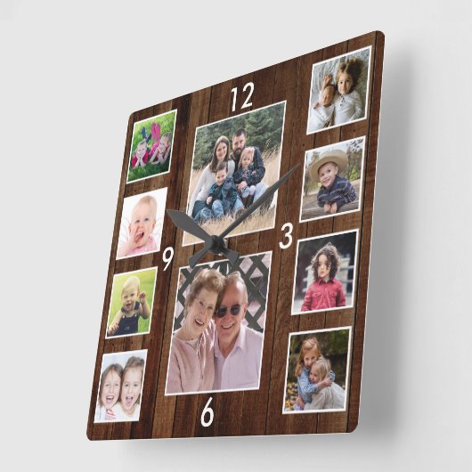 Create Your Own 10 Photo Collage Pallet Wood Quadratische Wanduhr (Winkel)