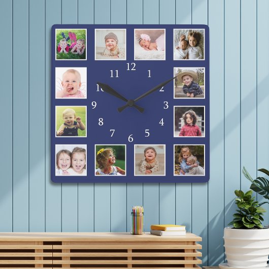 Create Your Own 12 Family Photo Collage Blue Quadratische Wanduhr