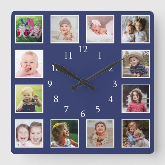 Create Your Own 12 Family Photo Collage Blue Quadratische Wanduhr (Vorderseite)