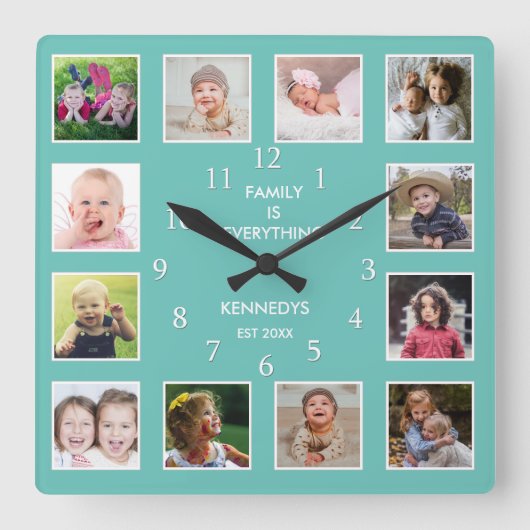 Create Your Own 12 Family Photo Collage Teal Quadratische Wanduhr (Vorderseite)