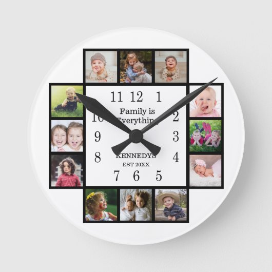 Create Your Own 12 Photo Collage Frame Family Runde Wanduhr (Vorderseite)