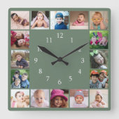 Create Your Own 16 Family Photo Collage Green Quadratische Wanduhr (Vorderseite)