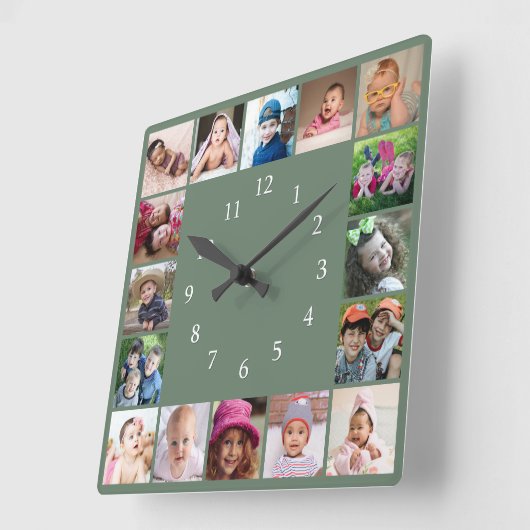 Create Your Own 16 Family Photo Collage  Green  Quadratische Wanduhr (Winkel)