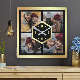 Create Your Own 4 Photo Collage Black and Gold Quadratische Wanduhr
