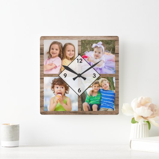 Create Your Own 4 Photo Collage Rustic Wood Quadratische Wanduhr (Zuhause)