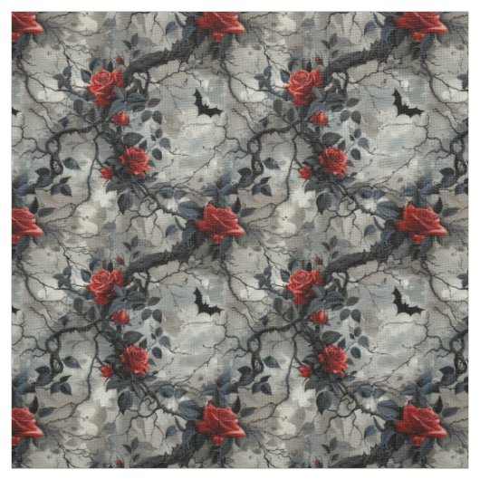 Create Your Own Bats Red Roses Gothic Grey Stoff (Muster)