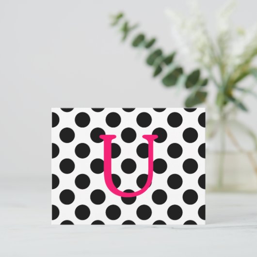 Create Your Own Black Polka Dot Hot Pink Monogram Postkarte (Stehend Vorderseite)