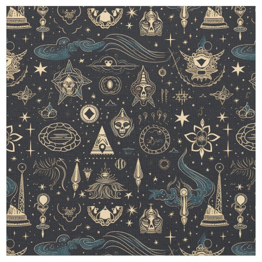 Create Your Own Blue & Gold Pagan Symbols Black Stoff (Nahaufnahme)