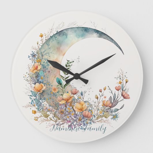 Create Your Own Buttercups Floral Crescent Moon Große Wanduhr (Vorderseite)